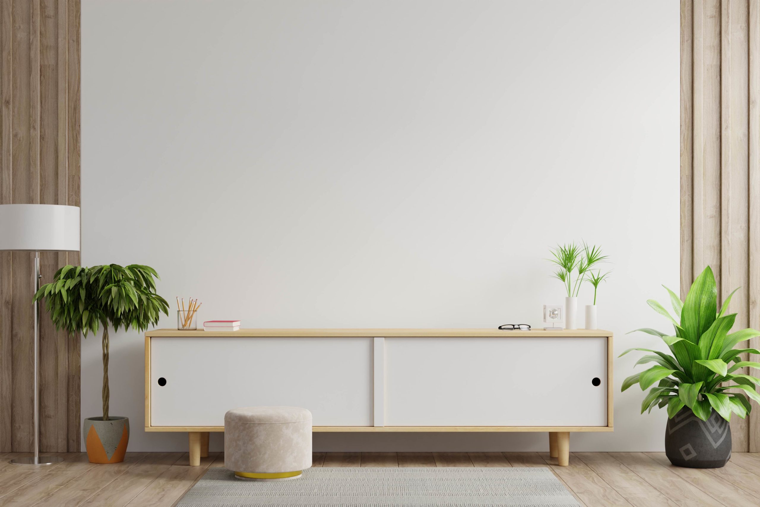 Cabinets and wall for tv in living room, Mockup white wall.